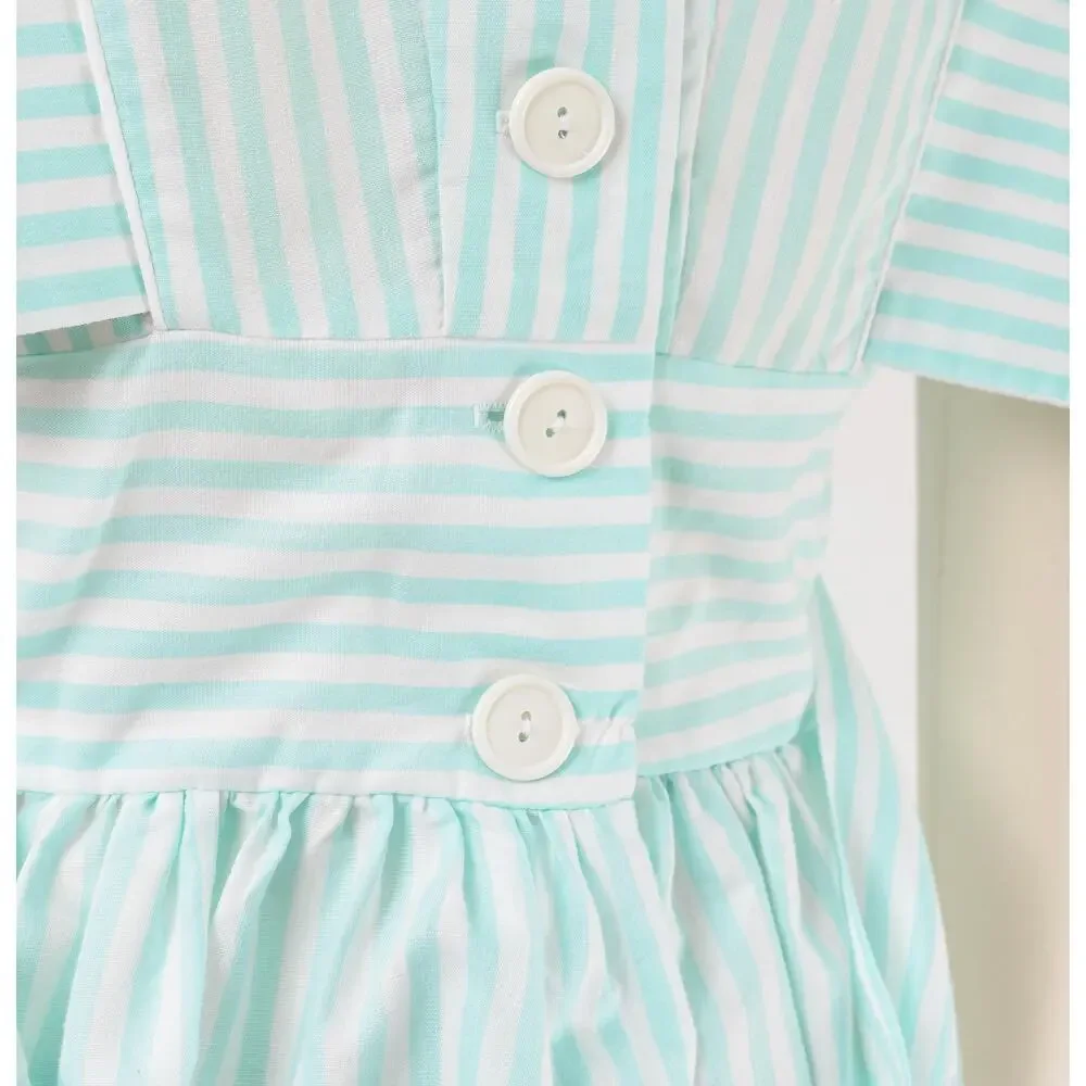 Vintage 80s Pastel Striped Dress Aqua White Cotton Blend Midi Sundress Bow S
